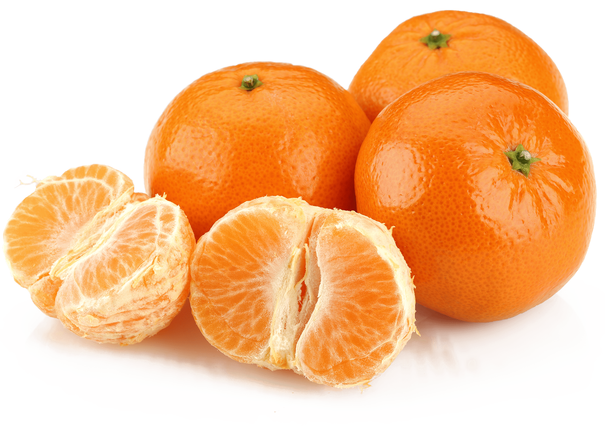 Three clementines with one peeled clementine in front